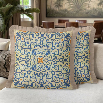 Ensemble de 2 housses de coussin à franges bleues et dorées à motif géométrique