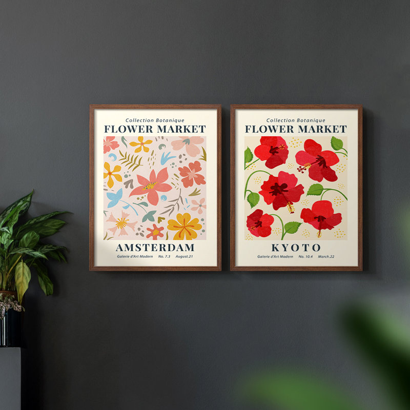 Ensemble de 2 estampes Vintage Floral Giclee - ensemble de 2, H 23 po x l 58 po, Noyer