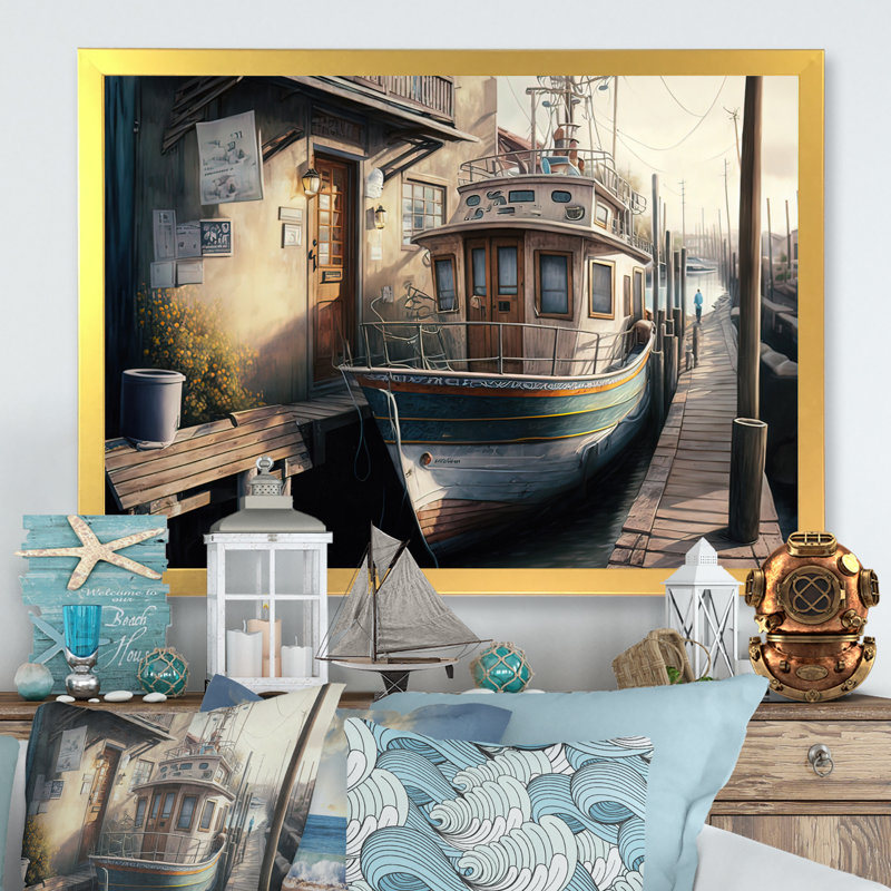 Port rustique avec un bateau de pêche IV - Peinture sur toile, H 16 po x l 32 po x P 1 po