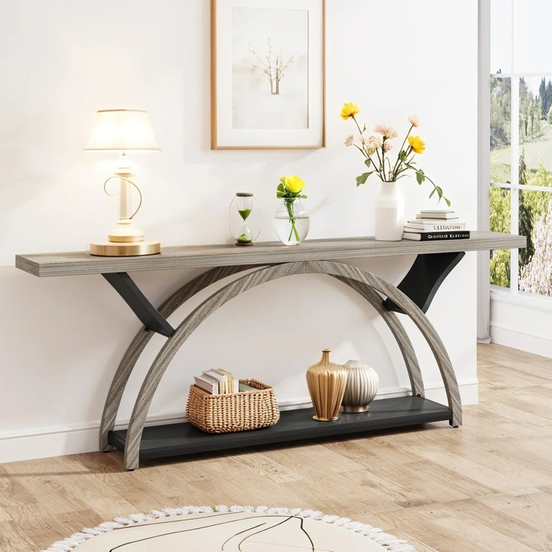 2-Tier Console Table, 70.86" Entryway Table with Half Moon Frame, Gray