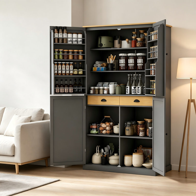 Grande armoire de cuisine autoportante grise, 40,2 x 20 x 71,3 pouces, 8 portes, 2 tiroirs, avec deux tablettes réglables.