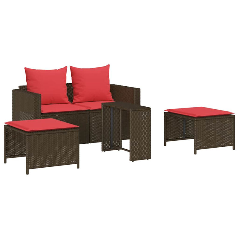 Ensemble de canapé de patio 5 pièces avec coussins empilables en rotin de polyester, Rouge / brun