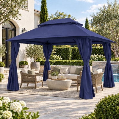 13 x 10 Ft Soft Top Patio Gazebo with 2-Tier Canopy, Mosquito Netting and Privacy Curtains, Galvanized Steel Outdoor Canopy for Backyard Deck and Garden