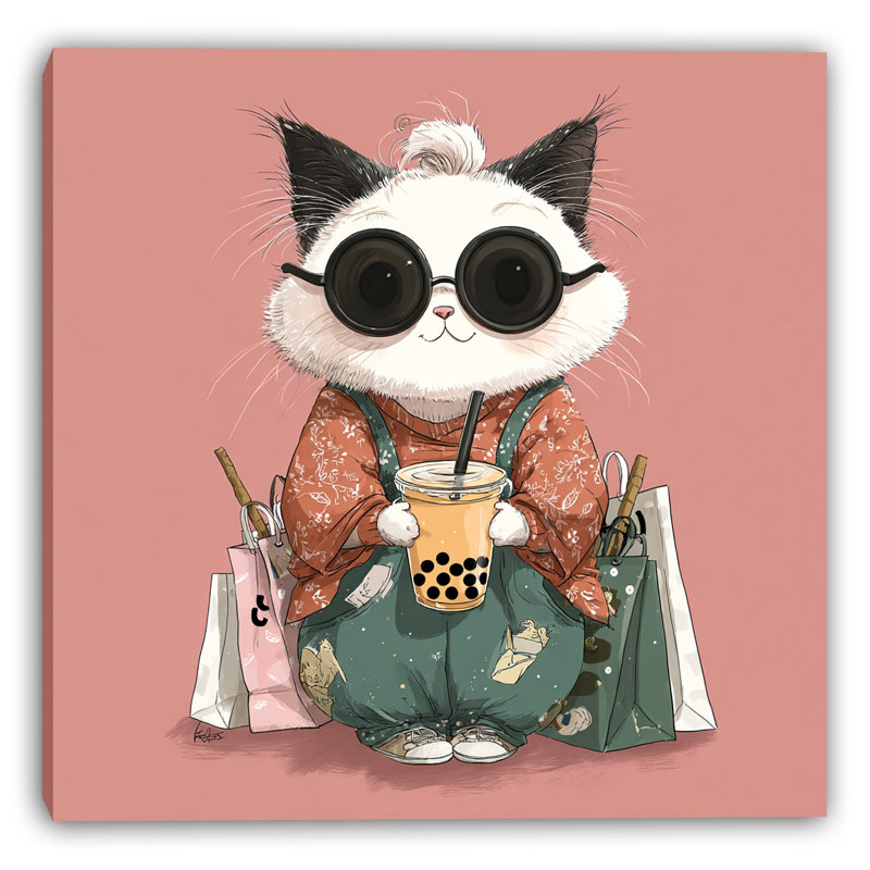 Chat avec bulle de thé sur toile tendue