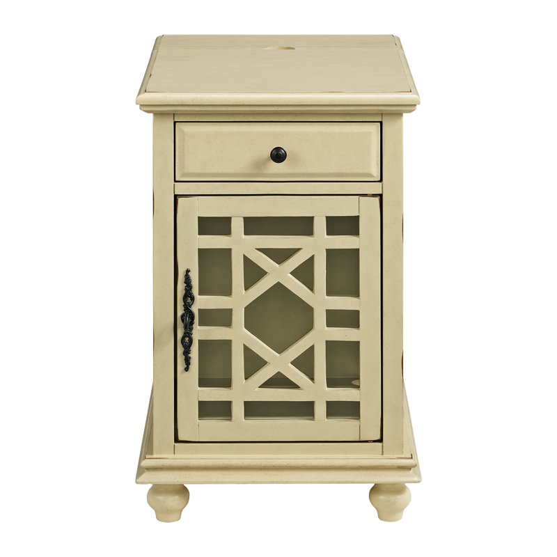 Ahmara End Table with Storage and Built-In Outlets, Antique Cream White Top / Antique Cream White Base