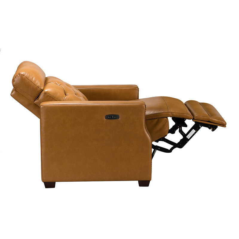 Gumesindo 31.50" Wide Genuine Leather Power Recliner, Camel  Genuine Leather