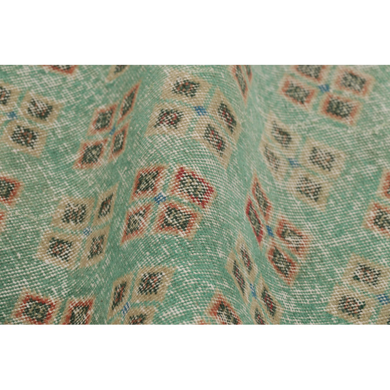 Vintage Turkish Runner Rug, Green & Red With Diamond Patterns – Rug & Kilim
