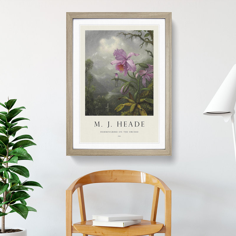Hummingbird on the Orchid Plant by Martin Johnson Heade - Picture Frame Painting, 48cm H x 36cm W x 2cm D, Oak Framed