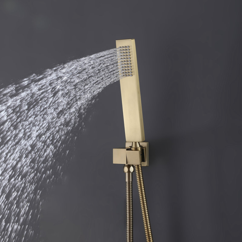 10" Wall Mounted Thermostatic Shower System With Handheld Spray And Body Jets, Brushed Gold