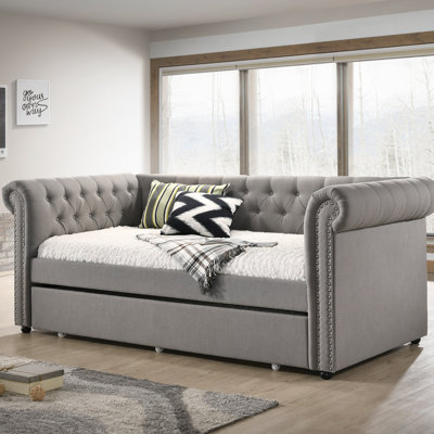 Luxurious 1Pc Modern Aesthetic Beautifully Button Tufted Nailhead Trim Design Daybed Built-In Pull-Out Trundle Bed Living Space Guest Room Bedroom