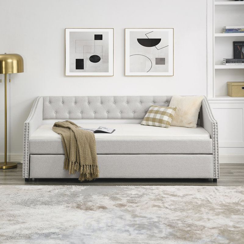 Daybed with Twin Trundle, Tufted Upholstered Sofa Bed, Button-Back and Copper Nailhead Waved Arms, Twin, Beige