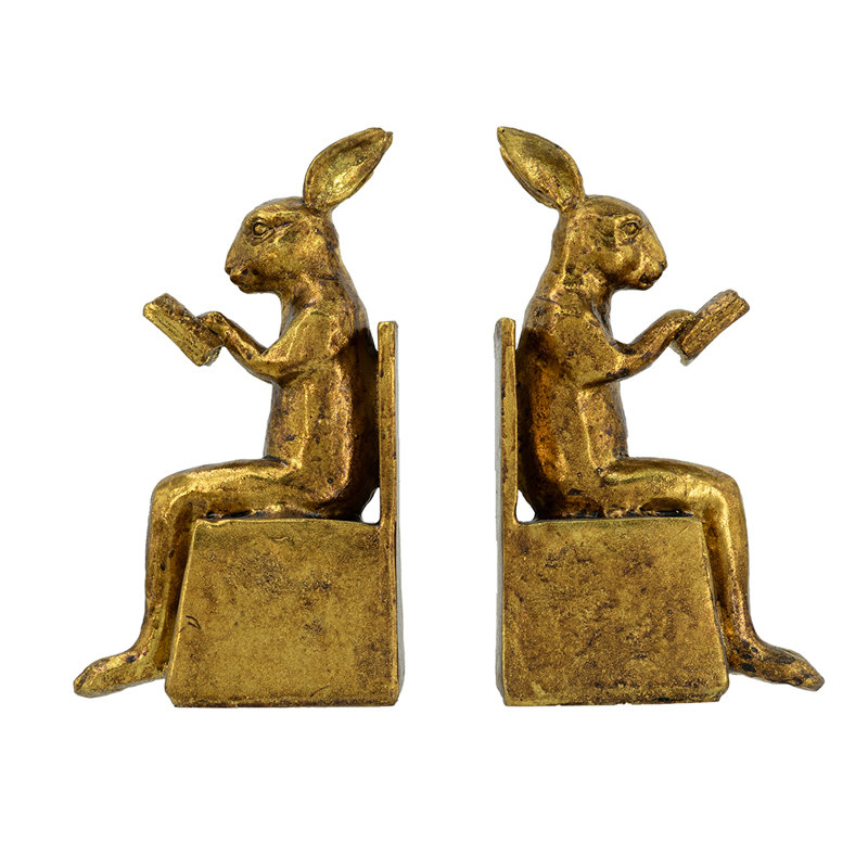 4x3x7" S/2 Sitting Rabbit Bookends With Antique Gold Finish