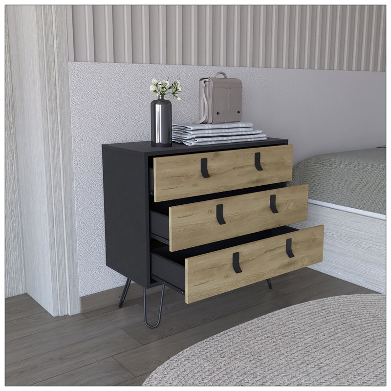 Commode à 3 tiroirs Huna, Noir / bois