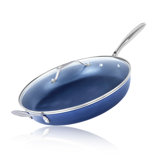 Granitestone Blue 14" Nonstick Aluminum Frying Pan with Helper Handle and Tempered Glass Lid, Oven & Dishwasher Safe