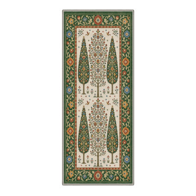 Machine Washable Floral Green / Ivory Hallway Runner With Non-Slip Backing