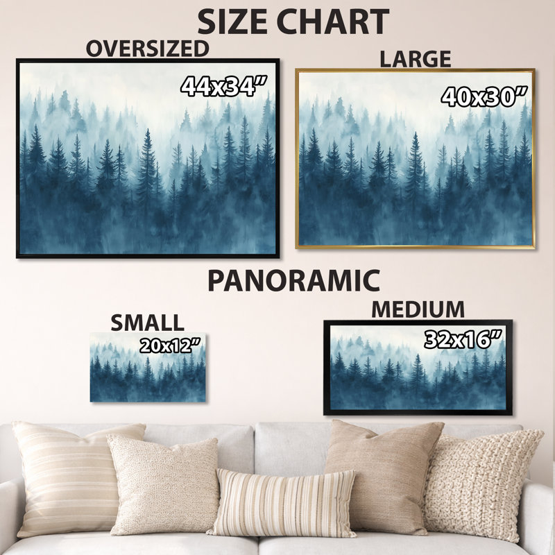 «Blue Cool Mist Forest I - Blue Woodland», art mural sur toile, Cadre naturel flottant, H 24 po x l 32 po