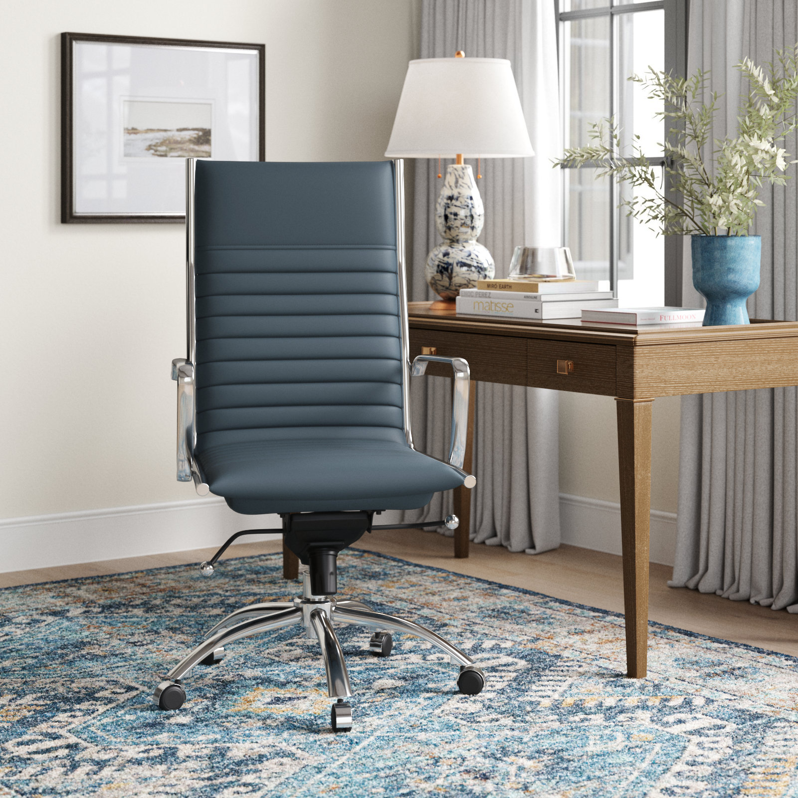 Naida Swivel Office Chair, Chrome, Blue Faux Leather