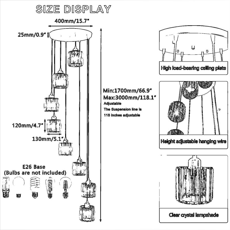 Lustre en cristal moderne à 8 lumières pour hauts plafonds, long luminaire suspendu réglable avec cadre en acier inoxydable pour hall d'entrée, vestibule et escalier en colimaçon