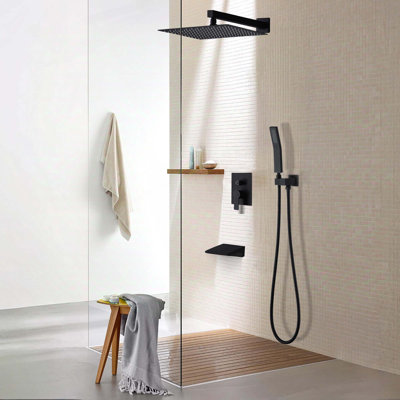 Modern Black Wall Mount Shower Faucet System with Rainfall Shower Head and Handle Set