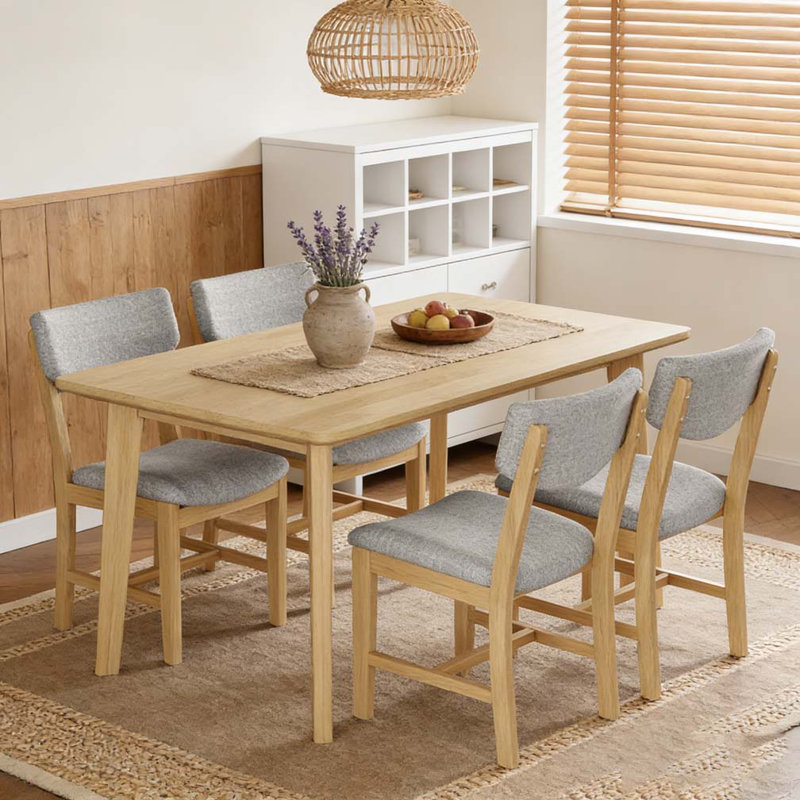 Ensemble de salle à manger 5 pièces - 1 table en bois massif + 4 chaises rembourrées, Naturel