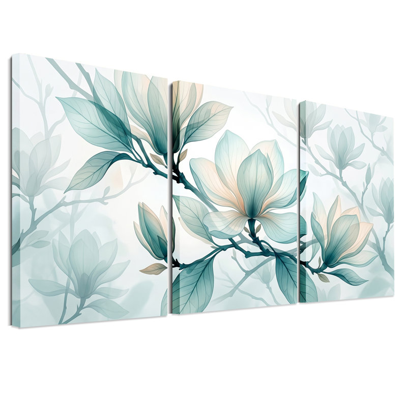 Ensemble de 3 toiles bleu sarcelle et crème avec fleurs de magnolia, H 36 po x l 24 po x 3 pièces