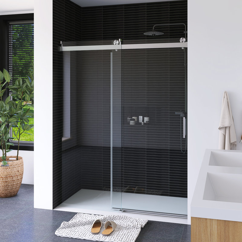 Porte de salle de bain coulissante sans cadre l 56 à 60 po x H 76 po, Nickel brossé
