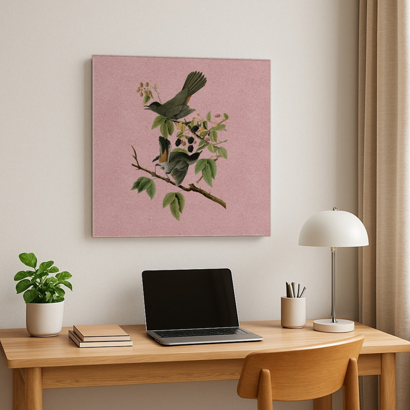 Oiseau-chat gris (Planche 128) Rose — Décoration murale carrée en métal, 8" H x 8" W