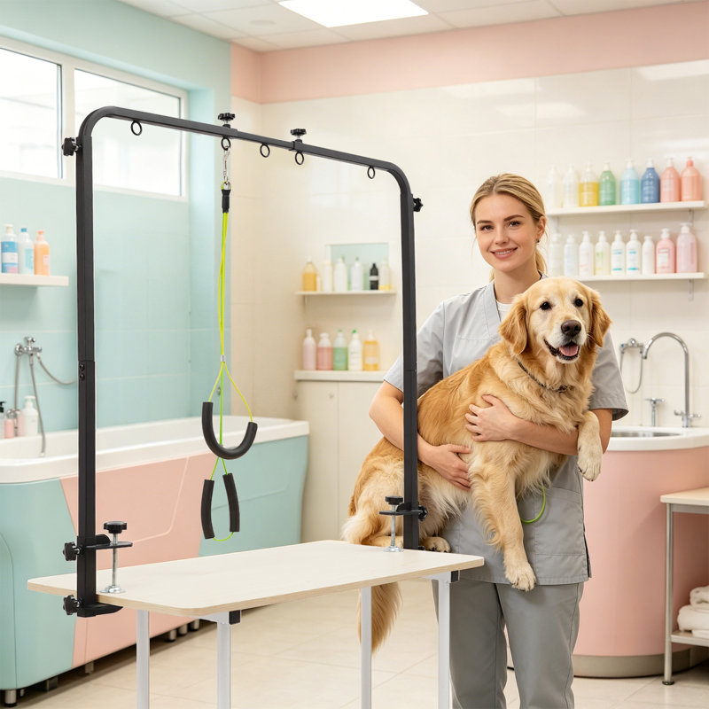 Support de table de toilettage robuste pour chien avec pince, support de toilettage réglable pour animal de compagnie avec hamac (jusqu'à 79 lb)
