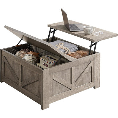 Coffee Table, Square Farmhouse Coffee Table With Hidden Storage Compartment, Wood Center Table For Living Room, Home Office, Gray