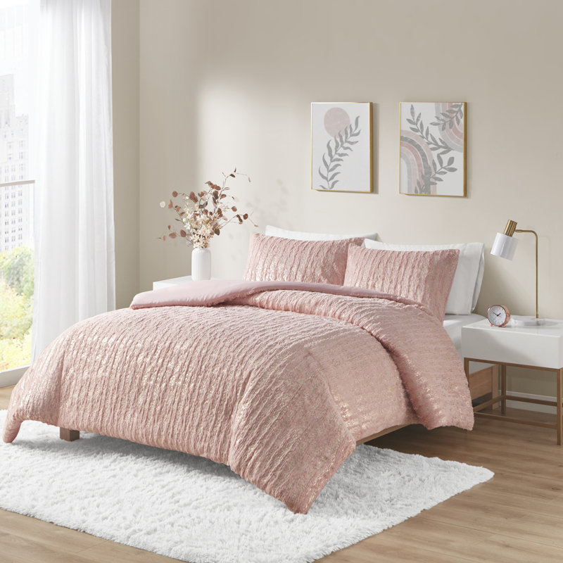 Metallic Print Faux Fur Duvet Cover Set, Full/Queen Duvet Cover + 2 Standard Shams, Blush/Gold