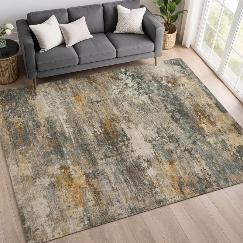 Tapis abstrait lavable à la machine de qualité supérieure Mayfield AMF2368, Kaki, 8 pi x 10 pi