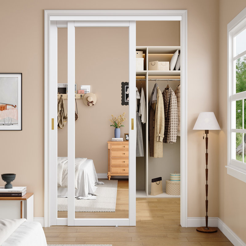 60"x 96" White 1-Panel Mirror Sliding Door with Hardware Kit And Gold Upgrade Handles for Closet and No Assembly Required For Closet,Pantry,Living room