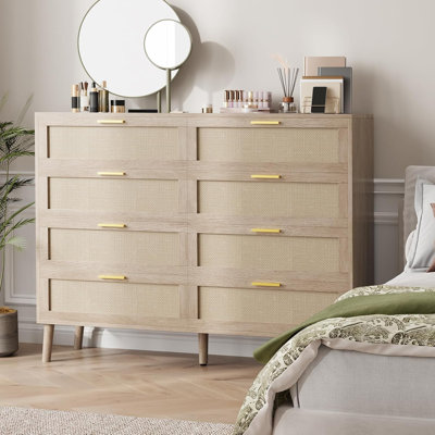 8 Drawer Rattan Dresser,Mid Century Modern Dresser With Handles For Closet,Rattan Chest Of Dressers For Bedroom,Wooden Dresser For Bedroom,Living Room,Oak