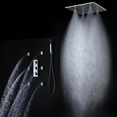 FontanaShowers Rainfall and Mist Shower Head Set with Body Sprays Ceiling Mounted Stainless Steel Thermostatic System