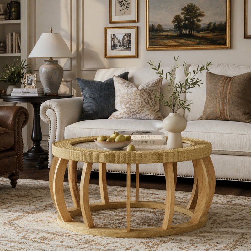 Rattan Solid Wood Round Coffee Table, Curved Legs Boho Accent Table