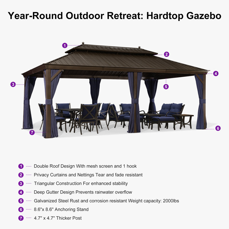 PURPLE LEAF 12' X 20' Hardtop Gazebo Outdoor Metal Roof Sun Shade Tent with Curtains and Netting Patio Canopy Permanent Pavilion