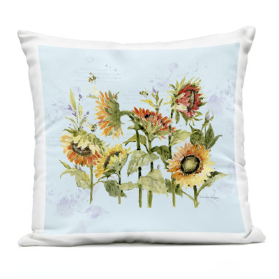 Sunflowers & Bee on Blue Outdoor Printed Pillow, design by Susan Winget
