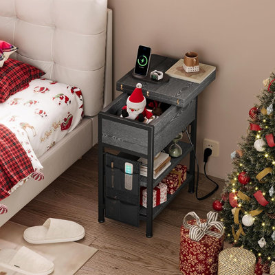 Table de bout avec station de charge, table de chevet rabattable avec ports et prises USB, table d'appoint avec sac en tissu et crochets, table de chevet pour économiser de l'espace, salon, chambre à coucher (gris)