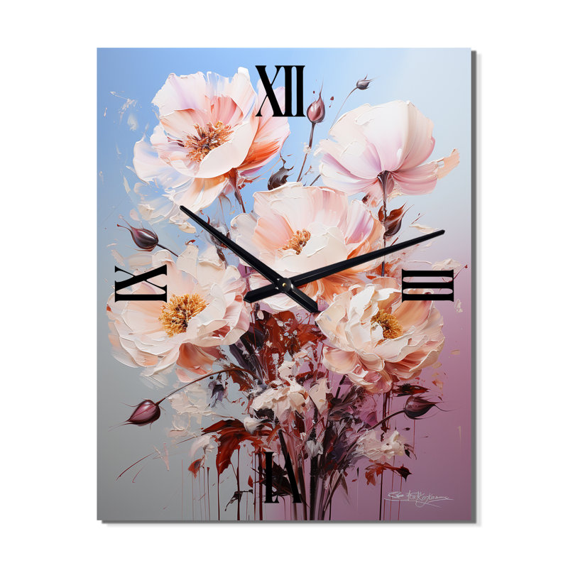 Horloge murale sur fond rose avec roses roses Burgeon, Grand