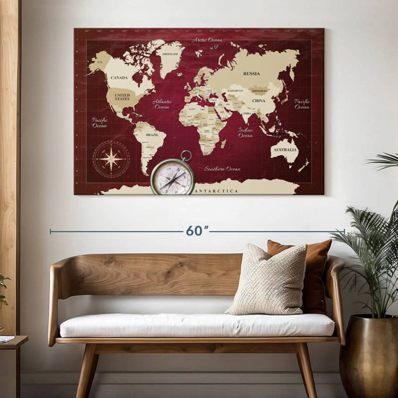 Aliaz Red Longitude World Map, 34" H x 51" W