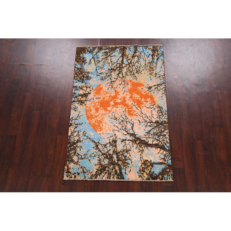 Tapis orange / bleu / brun / corail noué à la main 4 pi x 6 pi 1 po