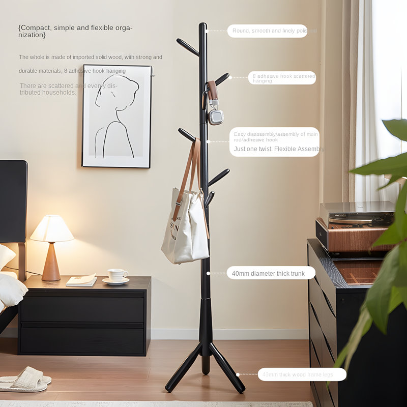Solid Wood Coat Rack For Bedroom, Freestanding Clothes Hanger With Multiple Hooks, Sturdy And Space-Saving Garment Organizer For Home
