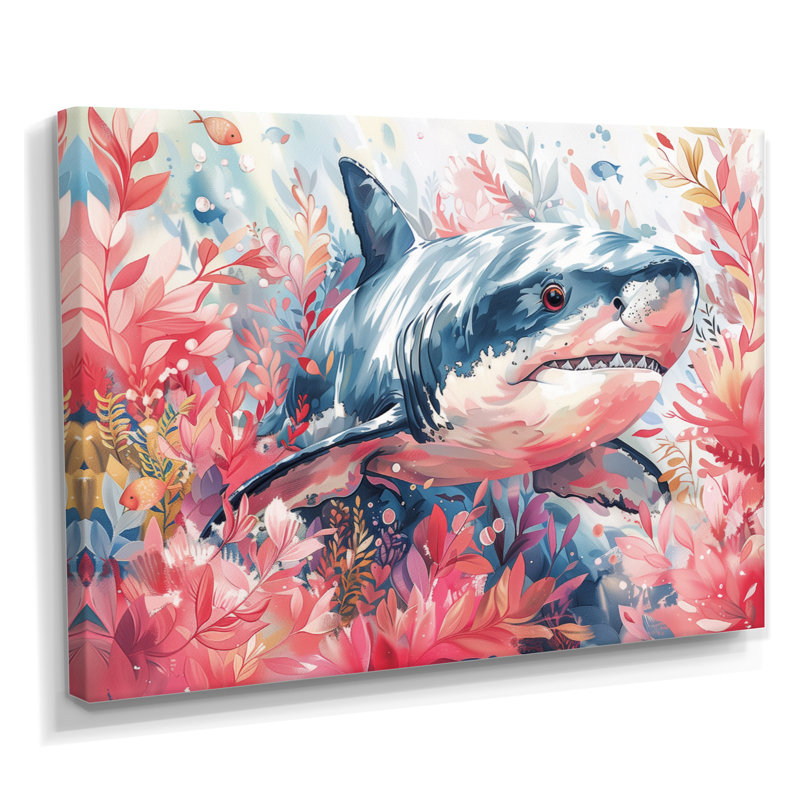 Aquarelle de requin rose gris et chasse II - grand requin, art mural, H 30 po x l 40 po, Toile tendue