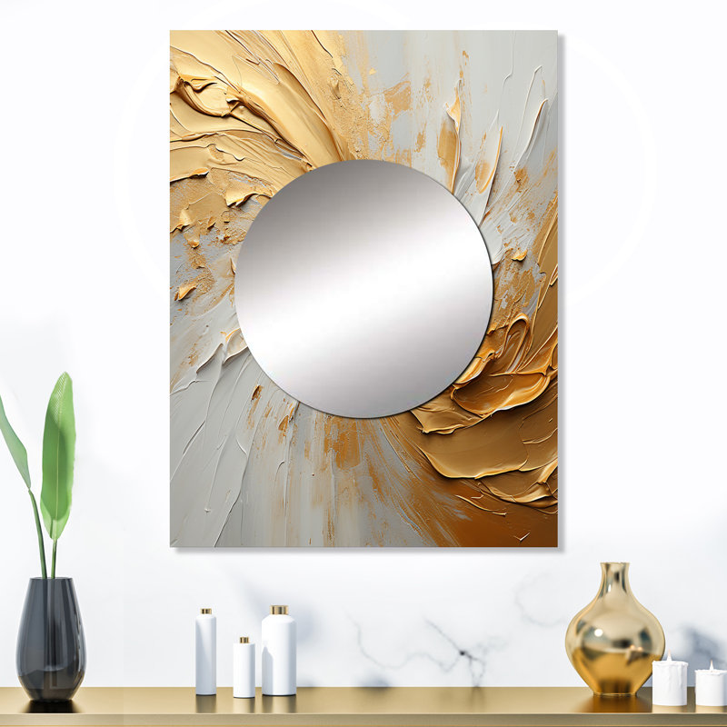 Pancoast Gold And Beige Soft Wave Paint - Abstract Shapes Decorative Mirror, Modern Wall Mirror, Printed Metal Art, 32" x 24"