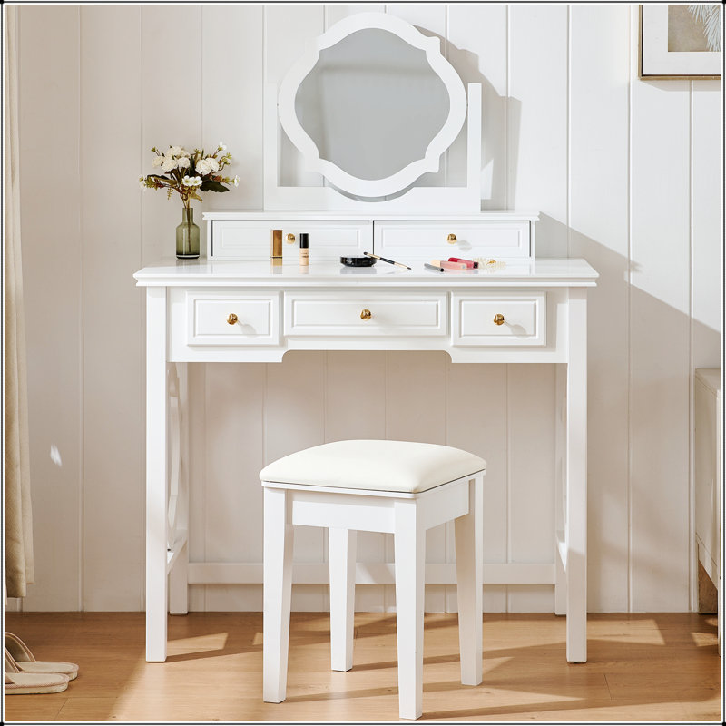 Coiffeuse compacte avec miroir réversible, coiffeuse avec tabouret, coiffeuse compacte pour petits espaces