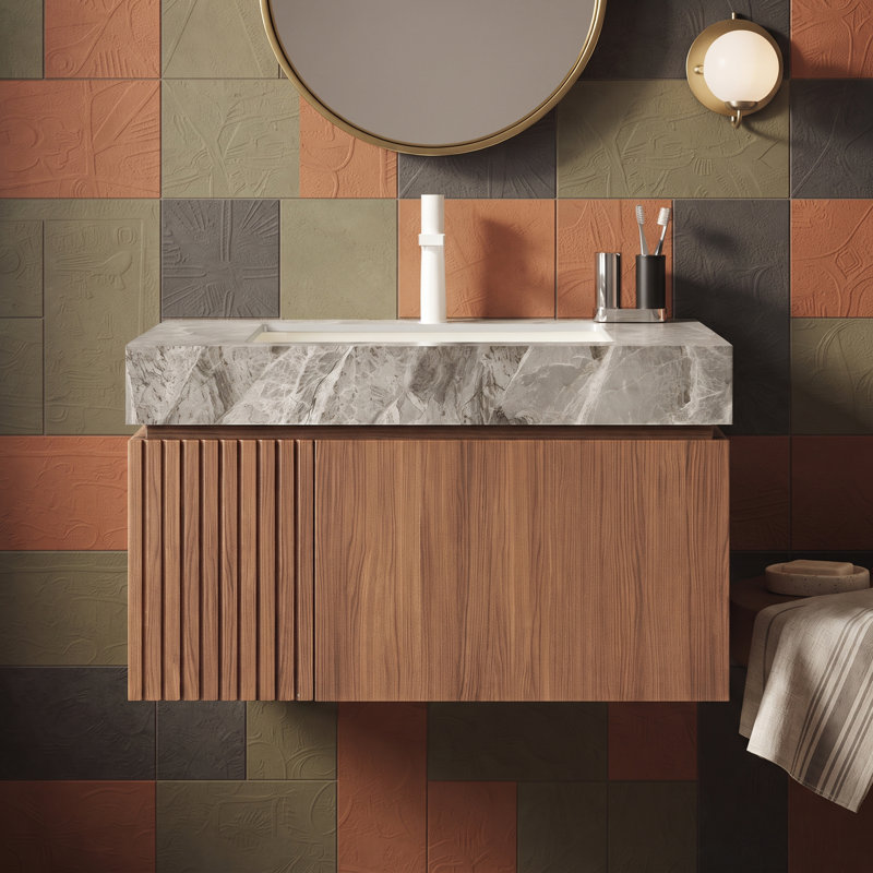 Meuble-lavabo mural simple 30 po avec surface solide, Chêne brun