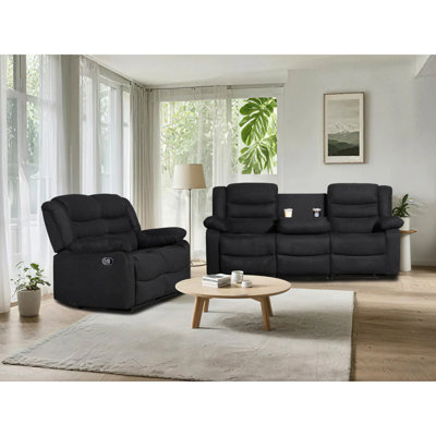 Frithiof Reclining Sofa Set, 2-Piece Microfiber Manual Recliner Couch Set With 2-Seat Recliner,3-Seat Recliner, Drop Table & Cup Holders