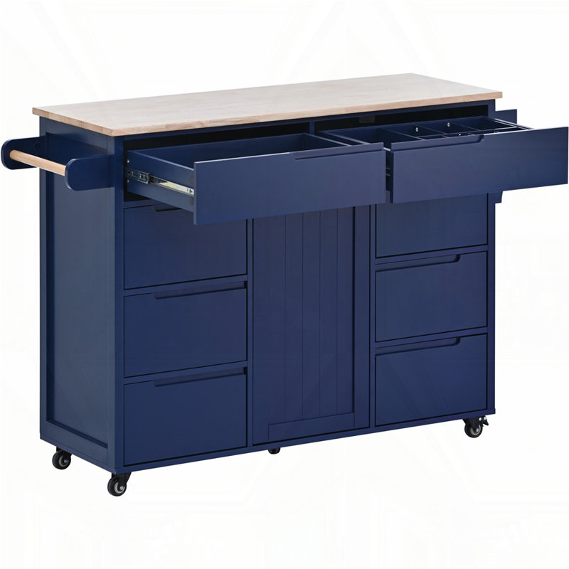 Chariot de cuisine avec comptoir en bois d'hévéa, Bleu
