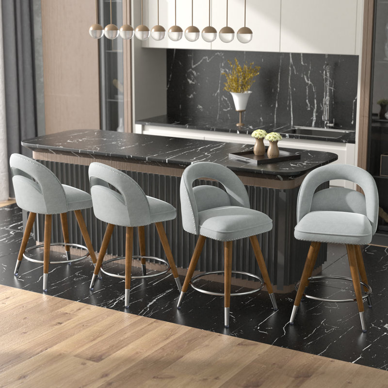 Gray Velvet Swivel Counter Stools with Solid Wood Legs, Set of 4