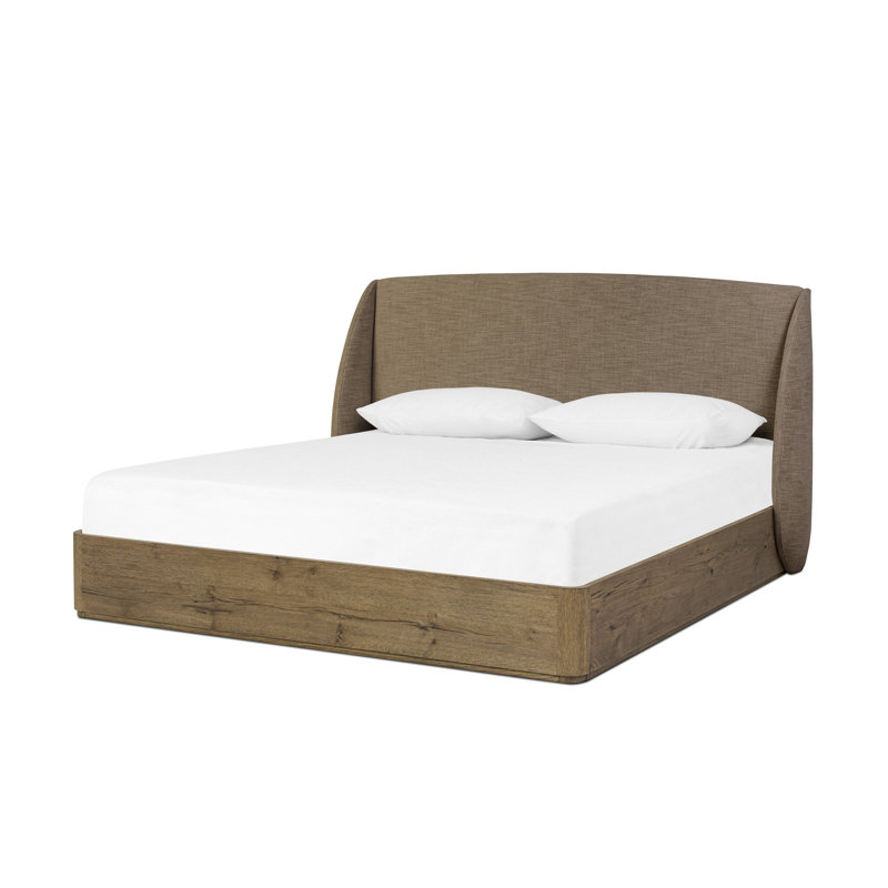 Maeve Upholstered Wingback Bed, Queen, Cambric Ivory/Natural Oak